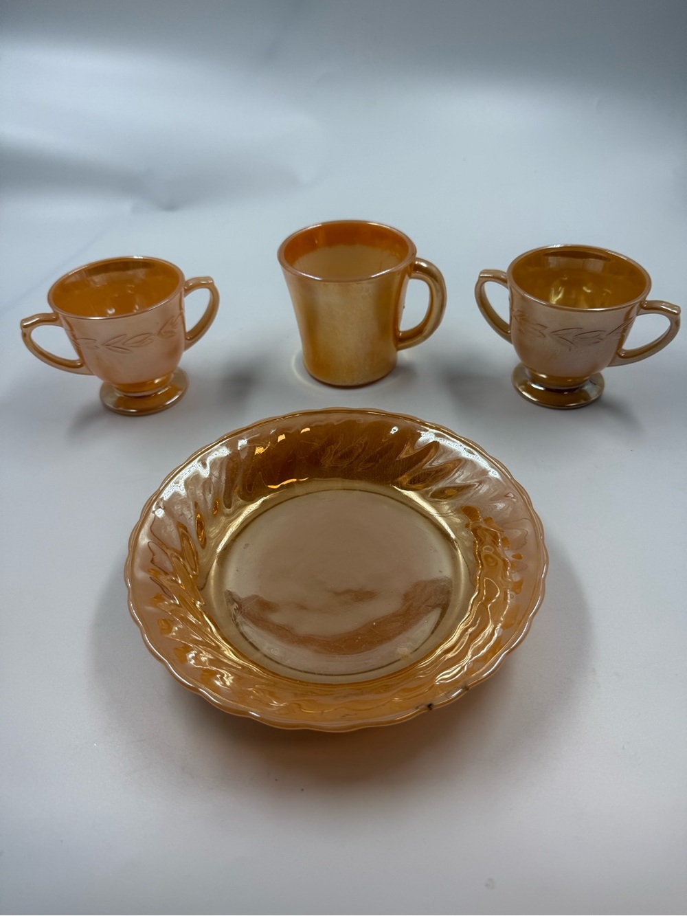 Vintage fire king peach lustreware mug creamer x 2 bowl